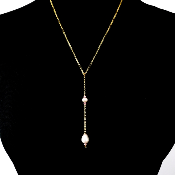 Y necklace real pearls drop pendant genuine pearls 18k GP chain white cream - Picture 2 of 13
